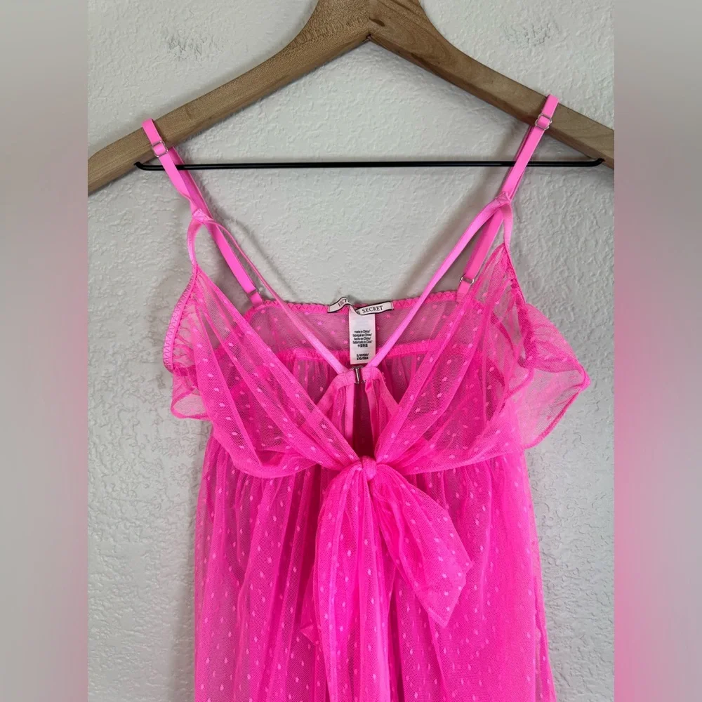 Victoria’s Secret Hot Pink Swiss Dot Sheer Mesh Babydoll Bow Tie Front $80 Small